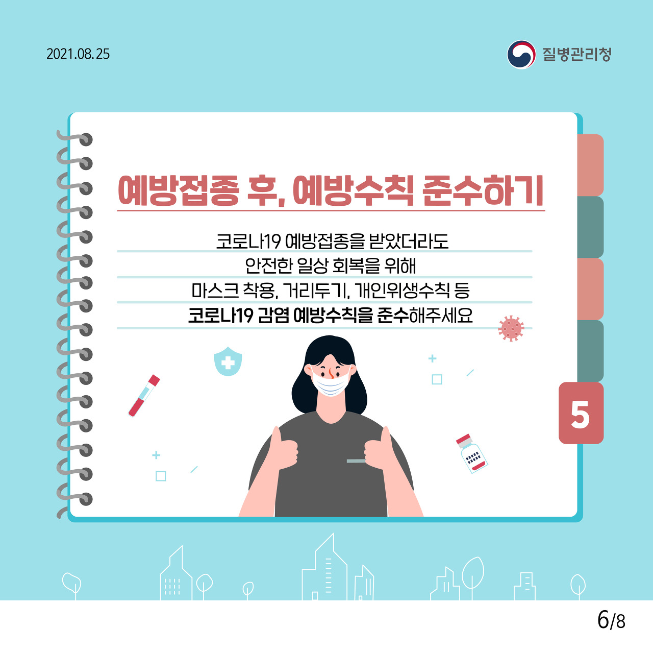 5 예방접종 후, 예방수칙 준수하기 코로나19 예방접종을 받았더라도 안전한 일상 회복을 위해 마스크 착용, 거리두기, 개인위생수칙 등 코로나19 감염 예방수칙을 준수해주세요